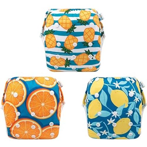 Babygoal Baby Swim Diapers 3 Pack for 0-8 Months Infant Girls and Boys, Reusable Adjustable Washable for Swimming Lessons-Pineapple,Lemon,Grapefruit