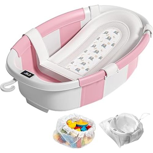 Collapsible Baby Bathtub, Baby Tubs for Newborns with Soft Cushion & Thermometer & Toy Organizer Mesh Bag, Infant Bathtub to Toddler 0-36 Months, Portable Travel Newborn Baby Bathtubs (Pink)