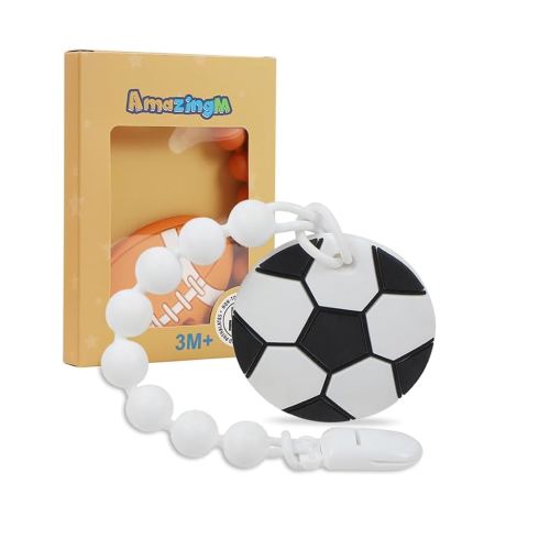 Baby Food Grade Silicone Sport Ball Teether Toy with One Piece Design Pacifier Clip Holder,Teething Pain Relief Toys Gift Set for 3 Months+ Boys and Girls,Freezer Safe,BPA Free. (Soccer)