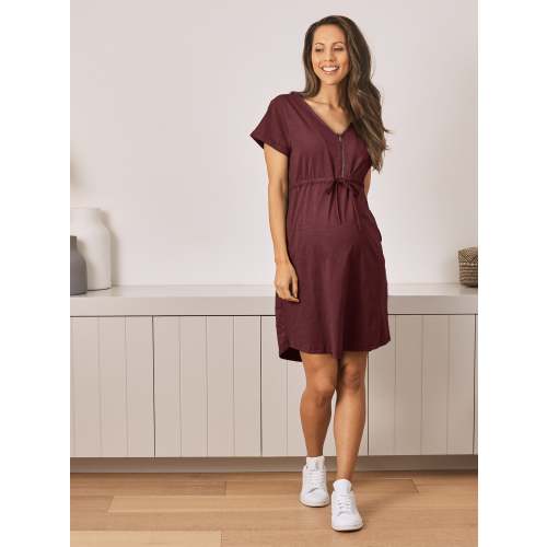 Mia Maternity & Nursing Zipper Drawstring Dress in Burgundy