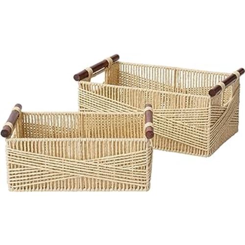 LA JOLIE MUSE Wicker Storage Baskets for Organizing, Recyclable Paper Rope Basket with Wood Handles, Decorative Hand Woven Basket Organizers for Makeup Books Shelves Living Room, Beige, Set of 2