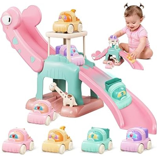 Dinosaur Slide for Toddlers 1-3, Car Ramp Race Track with 4 Push Cars, Pink