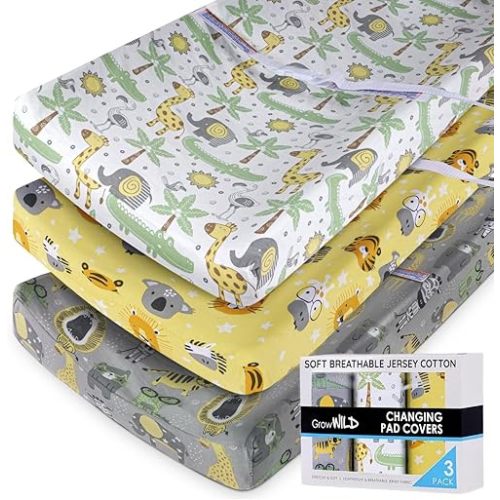 GROW WILD Changing Pad Cover 3 Pack | Soft & Stretchy Jersey Cotton | Baby Changing Table Pad Cover | Diaper Changing Pad Covers for Girls and Boys (Animals & Safari)