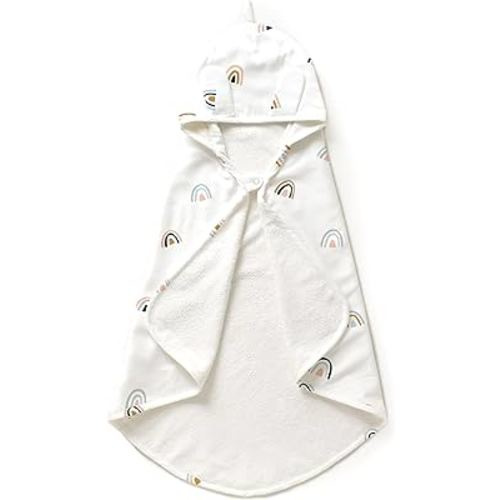 MakeMake Organics Organic Cotton Hooded Towel Baby Toddler GOTS Certified Organic Cotton Beach Poncho Towel Large Absorbent Non Toxic Neutral (Rainbow, 35"x35")