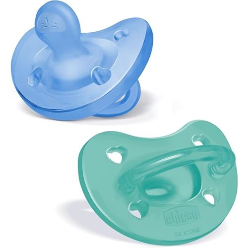 Chicco PhysioForma 100% Soft Silicone One Piece Pacifier for Babies 6-16 Months | BPA & Latex Free | Reusable Case | Blue/Green, 2pk