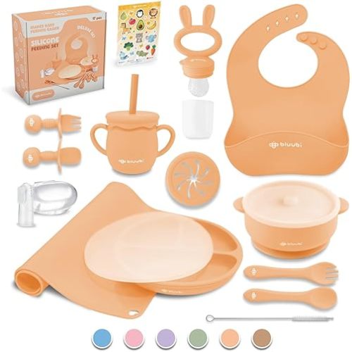Silicone Baby Feeding Set - Infant Tableware for First Foods & Baby, Led Weaning (0+ Months), Easy to Clean, Durable, Perfect for Baby Boy or Girl, Solid Feeding - Peach - Deluxe