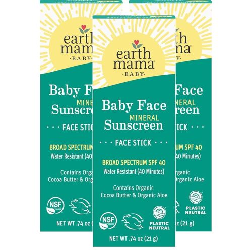 Earth Mama Baby Face Mineral Sunscreen Stick SPF 40 | Non-Nano Zinc, Natural Water Resistant Sun Cream for Babies, Kids & Adults 0.74-Ounce, 3-Pack
