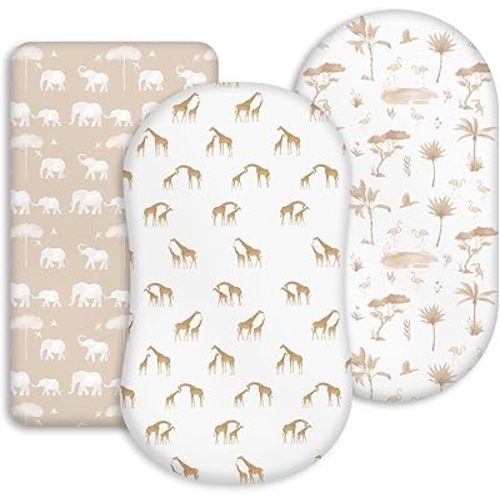 Stretchy Ultra Soft Fitted Bassinet Sheet Set 2 3ack, Universal Fit for Bassinets Baby Cradle Moses Basket Oval Rectangle Pad/Mattress, Elephant Giraffe Bassinet Sheets for Girls and Boys