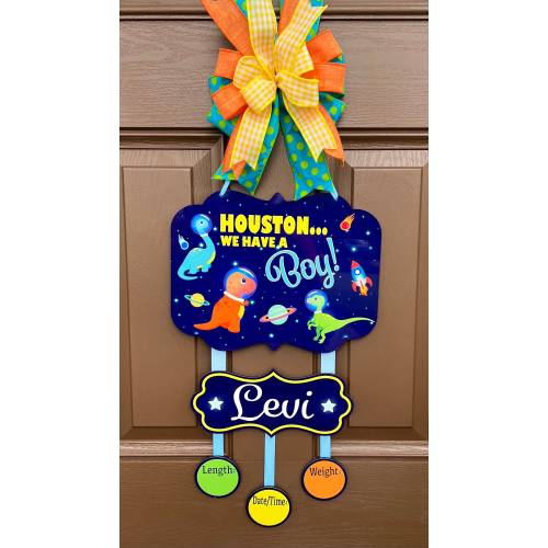 Space dinosaurs baby boy door hanger, hospital door hanger, personalized baby boy name, newborn announcement
