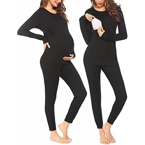 Ekouaer Nursing Pajama Set Long Sleeve Maternity Sleepwear Labor Delivery Pjs Breastfeeding Thermal Underwear Clothes