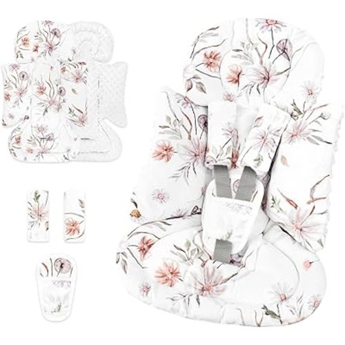 Infant Car Seat Insert and Strap Covers, Very Soft Car Seat Head Support Baby Girl Boy, Reversible Newborn Carseat Insert Cushion Fits for Stroller, Baby Swing, Bouncer (White Flower)