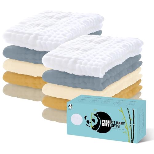 HIPHOP PANDA 10 Pack 6-Layers Muslin Burp Cloths Large - Durable 100% Cotton - Extra Absorbent and Soft Boys & Girls Rags for Newborn Registry (Grey+White+Ivory+Honey+Brown, 20" X10")