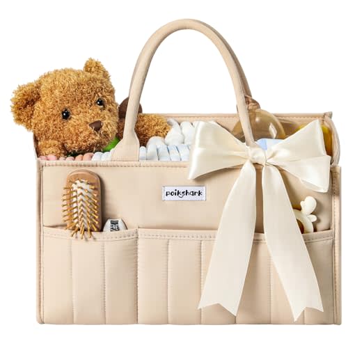 POIKSHARK Baby Diaper Caddy - Stylish Basket for Newborn Essentials, Nursery Storage Bin and Car Organizers for Diapers and Wipes, Gift for Baby Shower, Cream