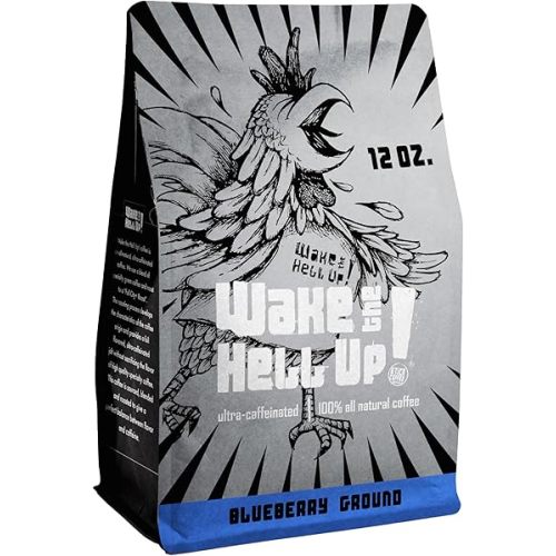 Wake The Hell Up! 12oz Ultra-Caffeinated Blueberry Ground Coffee, Low Acid, Medium-Dark Roast