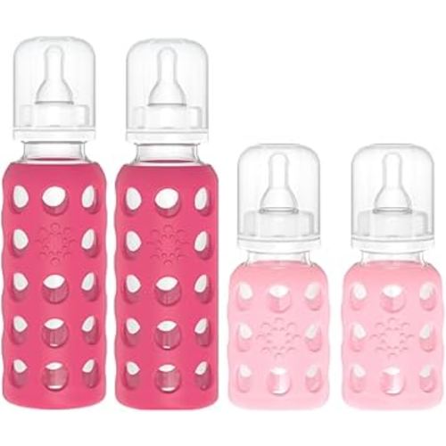 Lifefactory Glass Baby Bottles with Silicone Protection - 4-Pack, 4 oz/9 oz Bottles, (2- Raspberry & 2- Pink)