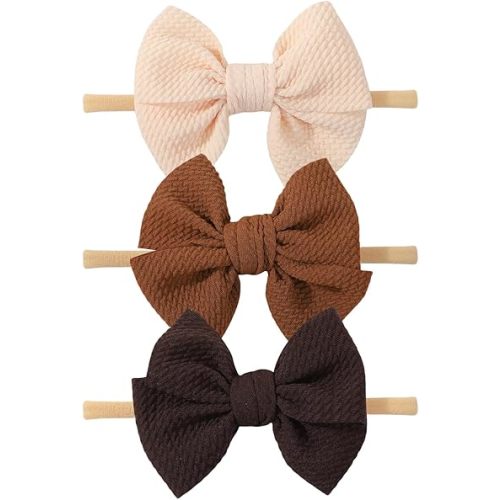 yoyokid 3PCS 4" Baby Girls Bow Headband, Elastic Nylon Hairbands Soft Baby Hairbands with Bows Hair Accessories for Newborn Infant Toddler, Beige Brown Coffee