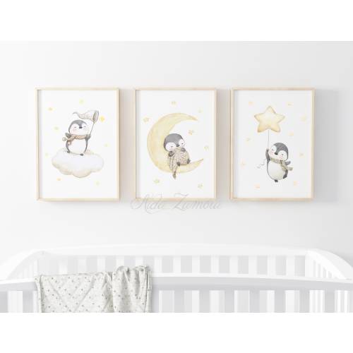SET of three prints "PENGUINS on CLOUDS" Nursery Print, Nursery penguins, Polar animals print, Watercolor Penguins art, Penguins wall art.