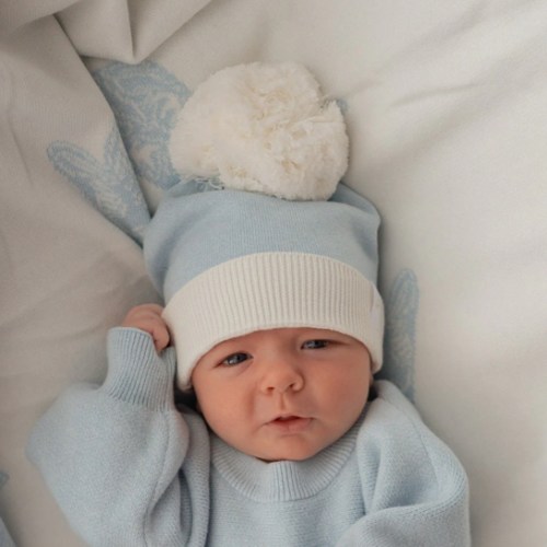 Knitted Pom Beanie |  Sky Blue Duo Tone