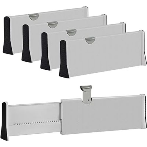 Drawer Dividers Organizer 4 Pack, Adjustable Separators 4" High Expandable from 11-17" for Bedroom, Bathroom, Closet,Clothing, Office, Kitchen Storage, Strong Secure Hold, Foam Ends, Locks in Place
