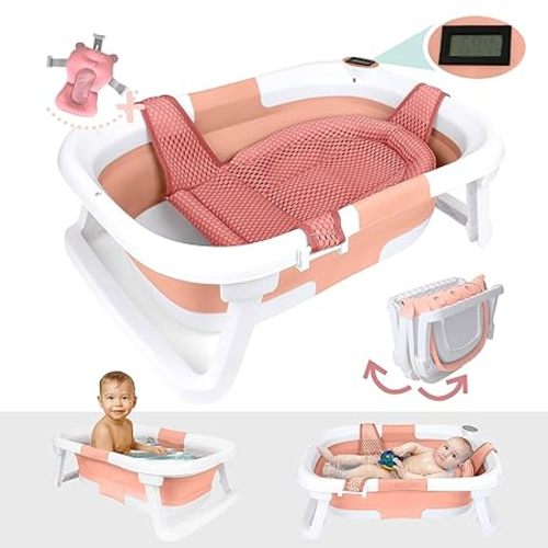 BEBELEH™ Collapsible Baby Bathtub with Thermometer – Bathtub + Baby tub Sling + Newborn Sling – Baby Bathtub Newborn to Toddler 0-24 Months – The Ultimate Baby Bath tub! (with Thermometer,Pink)