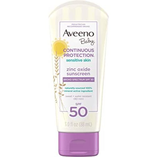 Aveeno Baby Continuous Protection Zinc Oxide Mineral Sunscreen Lotion for Sensitive Skin with Broad Spectrum SPF 50, Tear-Free, Sweat- & Water-Resistant, Travel-Size, 3 fl. Oz