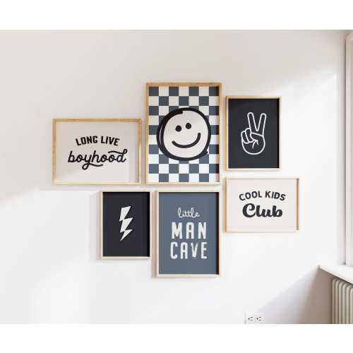 Rad Cool Little Dude Lightning Bolt Square Gallery Wall Set of 6 Prints, Smiley Face Boy Nursery Decor, Big Boy Room, Unframed Prints