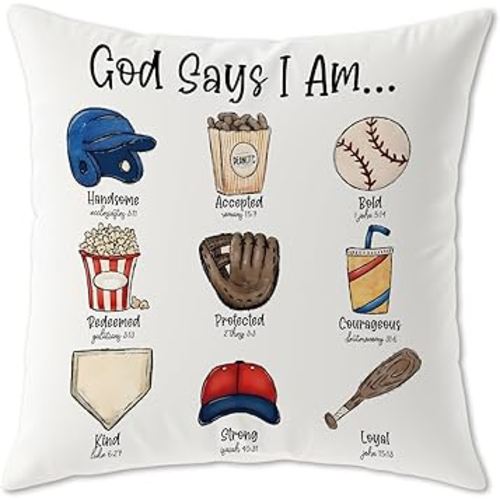 God Says I Am Bible Baseball Pillow Covers for Boys Room 18x18 - Bible Verse Decorative Throw Pillow Covers for Kids Boy Room Nursery Playroom, Baseballs Lover Gifts for Boys