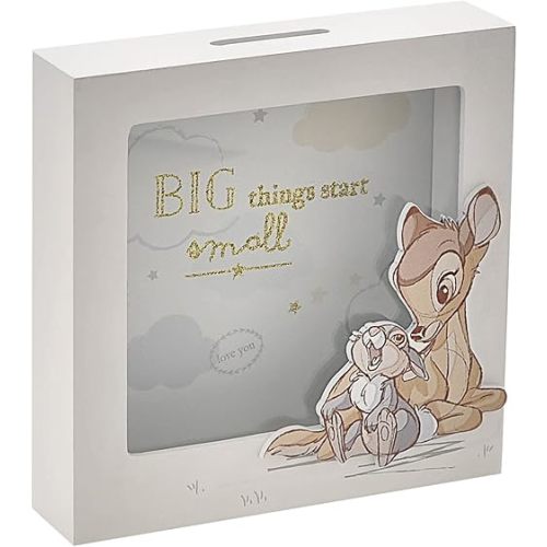 Happy Homewares Magical Beginnings Big Things Start Small Bambi Keepsake Wooden Money Box - A Perfect First Moneybox Gift for A Baby or Child - Officially Licensed