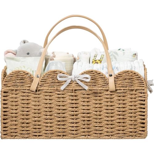 HBlife Large Baby Diaper Caddy, Paper Rope Scalloped Storage Baskets Nursery Bin with Removable Divider, Portable Car Organizer for Diapers, Baby Shower Gifts, Newborn Essentials Must Haves, Brown
