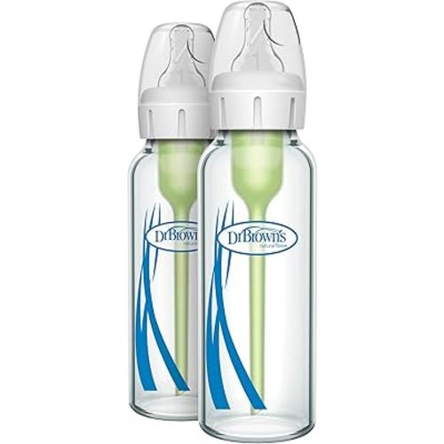 Dr. Brown’s Natural Flow® Anti-Colic Options+™ Narrow Glass Baby Bottle 8 oz/250 mL, with Level 1 Slow Flow Nipple, 2 Pack, 0m+