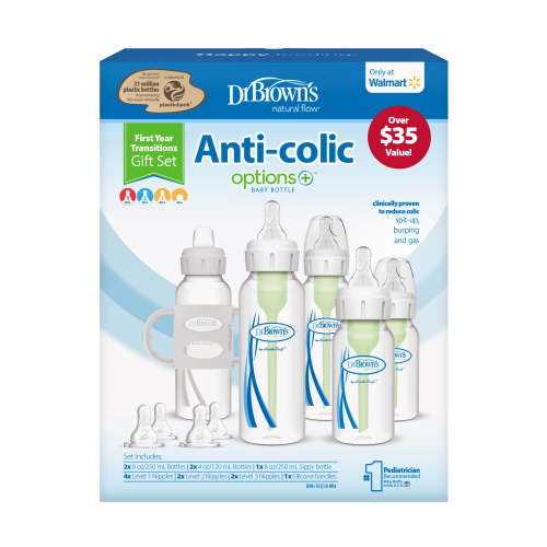 Dr. Brown's Natural Flow Anti-Colic Options+ First Year Baby Bottle Gift Set, Clear with Gray