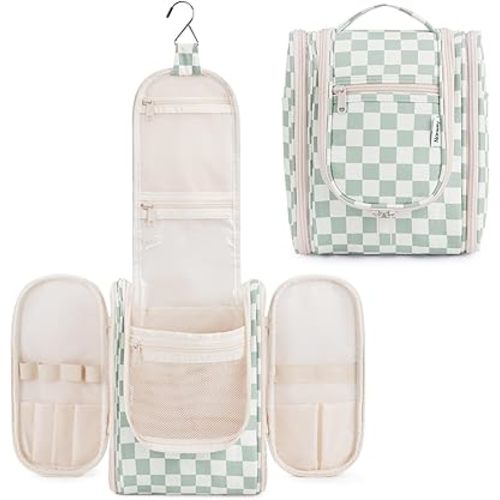 Narwey Small Checkered Hanging Travel Toiletry Bag for Women, Travel Bag for Toiletries, Makeup Bag Organizer Cosmetic Bags Make Up Bags for Women (Mint Green Checkerboard)