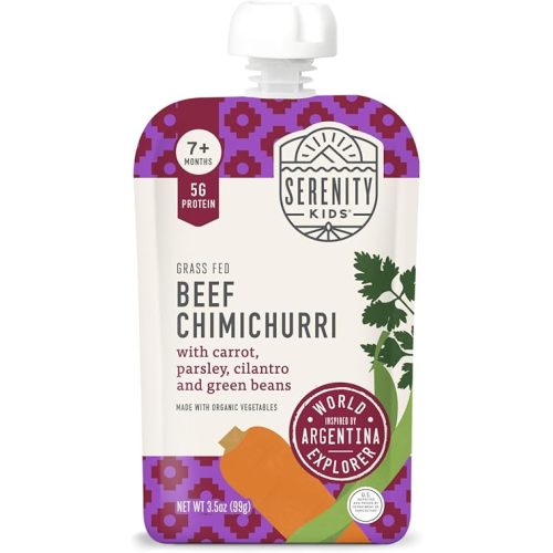Serenity Kids 7+ Months World Explorers Baby Food Pouches Puree Made With Ethically Sourced Meats & Organic Veggies | 3.5 Ounce BPA-Free Pouch | Beef Chimichurri | 12 Count