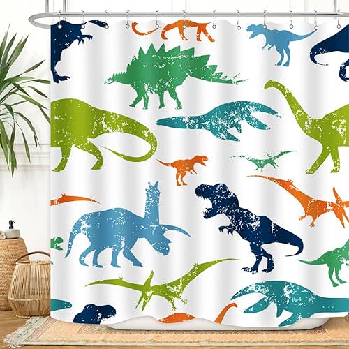 Dinosaur Shower Curtain Colorful Kid Cartoon Jurassic Children Dino Elasmosaurs Themed Bath Curtain Waterproof Fabric Bathroom Decor 72x72 Inch Plastic Hooks 12 PCS
