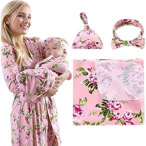 4 Pack Maternity Robe and Matching Baby Swaddle Blanket with Hat Headband Set, Stretchy Knitted Delivery Nursing Dress with Pockets and Receiving Blanket for Mummy and Baby (Pink Flower)