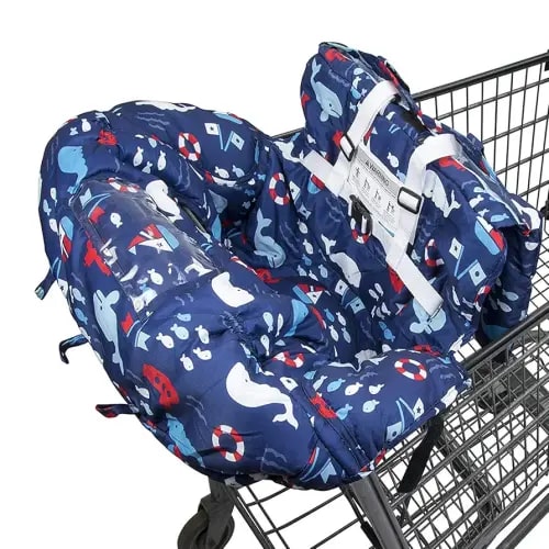 Shopping Cart Cover for Baby- 2-in-1 - Foldable Portable Seat with Bag for Infant to Toddler - Compatible with Grocery Cart Seat and High Chair (Blue Whale)