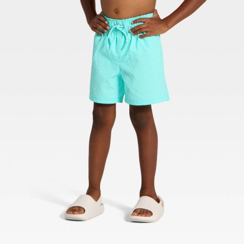 Toddler Boys' Seersucker Solid Swim Trunks - Cat & Jack™ Bright Aqua 12M