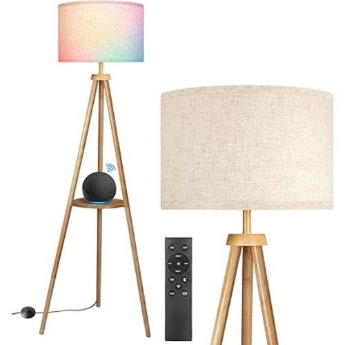 OUTON Wood Tripod Floor Lamp with Shelves, Mid Century Dimmable Floor Lamp with Remote Control, LED Tall Standing Lamp for Living Room Bedroom Office (Yellow Oak)