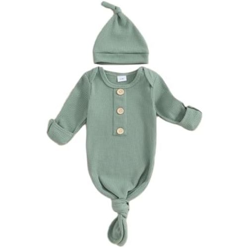 BULINGNA Newborn Baby Boys Girls Knotted Gown with Hat Set, Unisex Infant Nightgown with Mittens Sleepwear One Piece Pajamas