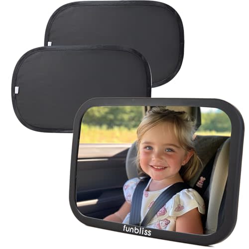 Funbliss Baby Car Mirror + 2-Pack Car Window Shades Bundle -100% Shatterproof, Wide Angle Convex