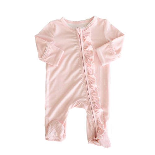 Picot Trim Bamboo Zipper Footie in Baby Pink | Caden Lane