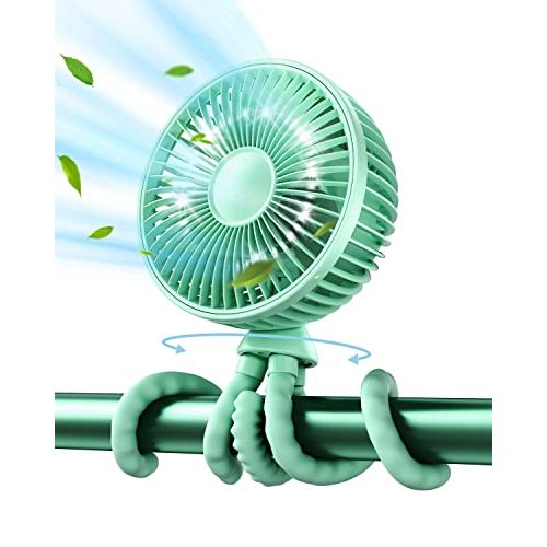 Gaiatop Oscillating Baby Stroller Fan, LED Night Light 4 Speeds Rechargeable 360° Rotate Clip On, Battery Operated Small Portable Cooling Fans for Car Seat Crib Treadmill Travel (Green)