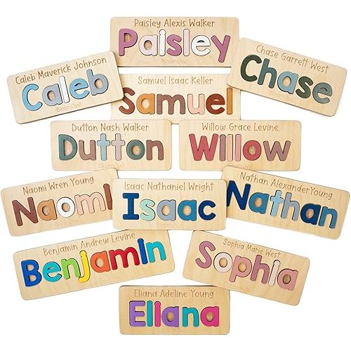 Personalized Wooden Name Puzzle for Kids, Handmade in USA by Bloom Owl, Upper and Lowercase, Custom Baby Gifts for Boys and Girls, Easter or First Birthday, Montessori Toys for Toddlers 1-3