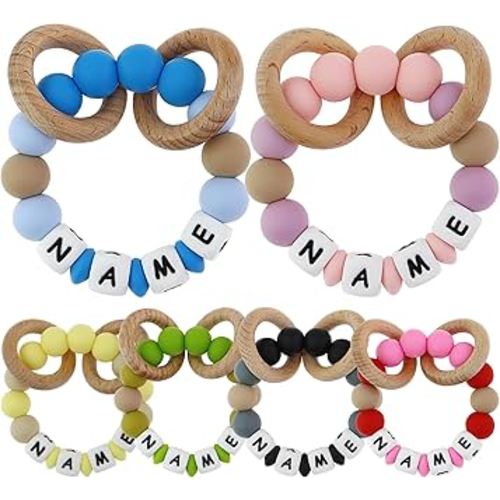 Personalized Baby Gift-Teether Ring With Name,Custom Teether Rattle For Boys Girls, Silicon Teething Wooden Ring