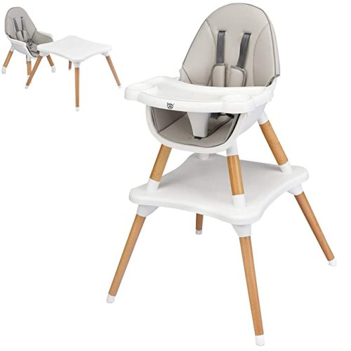 BABY JOY 5 in 1 High Chair, Convertible High Chairs for Babies and Toddlers/Booster Seat/Table and Chair Set, Infant Wooden Highchair w/ 5-Point Harness, 4-Position Removable Tray & PU Cushion, Gray - Grey & White