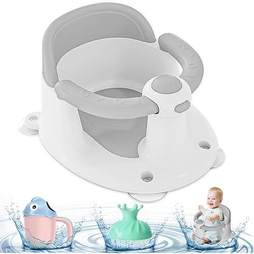 Baby Bath Seat for Babies 6 Months & Up, Bath Seats for Babies Sitting Up, Open Design Bathtub Seat for Baby 6-12 Months, Free Cup and Brush, Non-Slip, Compact Toddler Bath Seat(Grey)