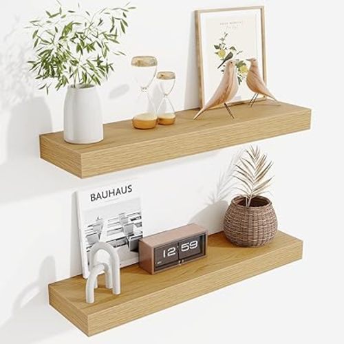 Fun Memories Floating Shelves Set of 2, 24 Inch Floating Shelves for Wall, Wood Wall Shelves with Invisible Brackets, for Bathroom, Bedroom, Living Room, Kitchen, Oak