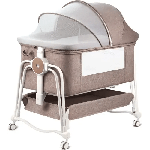 4 in 1 Baby Bassinet Bedside Sleeper, Rocking Baby Crib with Lockable Wheels, Storage, Mosquito Net and Matress Included, 7 Level Adjustable Bedside Bassinet for Baby Newborn(Khaki)