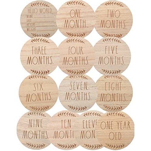 Rae Dunn 13 Baby Milestone Plaques - Wooden Baby Monthly Milestone Props for Newborn Boy or Girl - First Year Baby Signs for Photo Shoot Photography Prop - Track The First 12 Months of Life