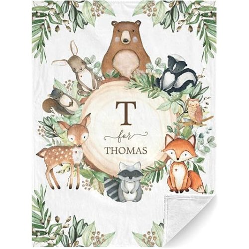 Personalized Woodland Animals Baby Blanket with Name - Soft Throw Blanket for Boys & Girls - Plush Fleece & Giftable - Woodland Animals 30x40in